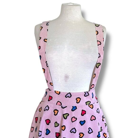 Unique Vintage Womens Ruth Suspender Skirt Sz Medium Pink Hearts Corduory Twee - Picture 2 of 9